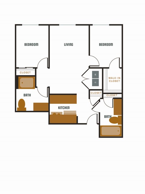 Floor plan for 2 beds, 2 baths, 965 sqft